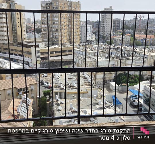 סורג ברזל ישר בצבע שחור המותקן בחלון מול נוף עירוני